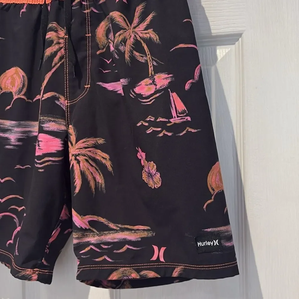Hurley Black and Pink Board Shorts Tropical Design SZ 10/12 Neon orange and pink